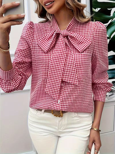 Meella - Elegant Gingham Check Bow Tie Blouse