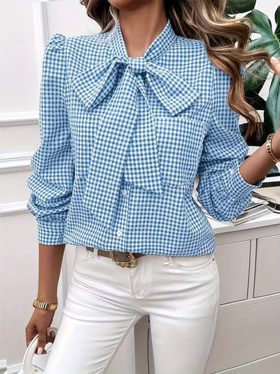 Meella - Elegant Gingham Check Bow Tie Blouse