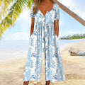 Lagoon | Women's Leaf Print V-Neck Short Sleeve Wide Leg Jumpsuit