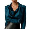 Samantha | Women’s Drape Neck Long Sleeve Satin Blouses
