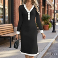 Refined Contrast Button Midi Dress