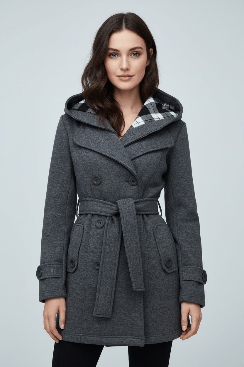 Hermione – Women’s Blend Double-Breasted Hooded Coat with Belted Waist