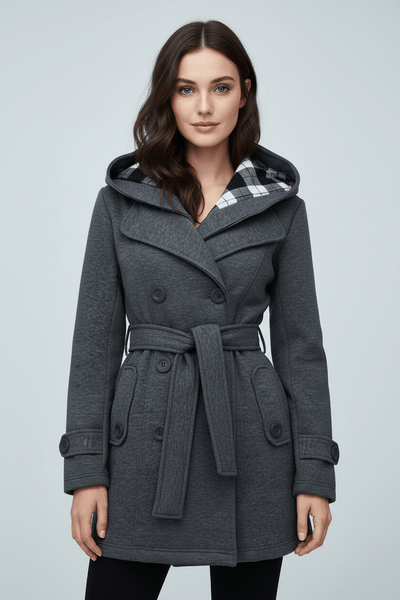 Hermione – Women’s Blend Double-Breasted Hooded Coat with Belted Waist