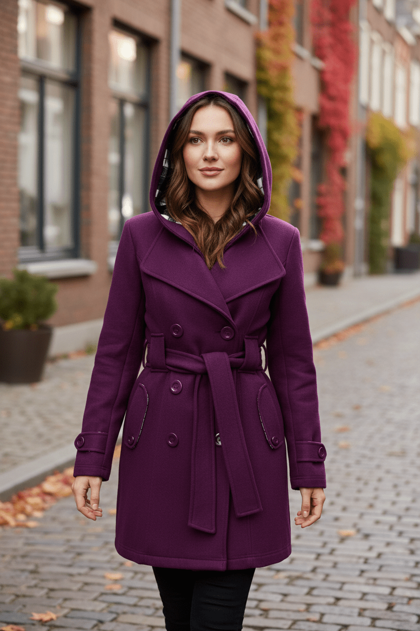 Hermione – Women’s Blend Double-Breasted Hooded Coat with Belted Waist