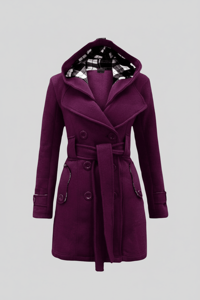 Hermione – Women’s Blend Double-Breasted Hooded Coat with Belted Waist