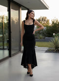 Fitted Square-Neck Black Midi Gown