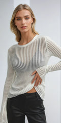 Women’s Sheer Ribbed Knit Long Sleeve Top with Modern Slim Fit