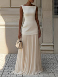 Mia | Women's Dress Sleeveless Bateau-Neck Pleated Maxi Gown