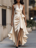 Grace | Women's Satin Halter Cocktail Party Dress High-Low Ruffle Wrap