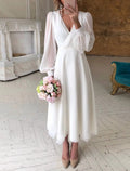 Emma | Women's V-Neck Puff Long Sleeve Dress Midi Wedding A-Line