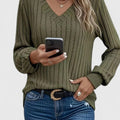 Penelope | Women's V-Neck Ribbed Cable Knit Sweater Long Sleeve Pullover